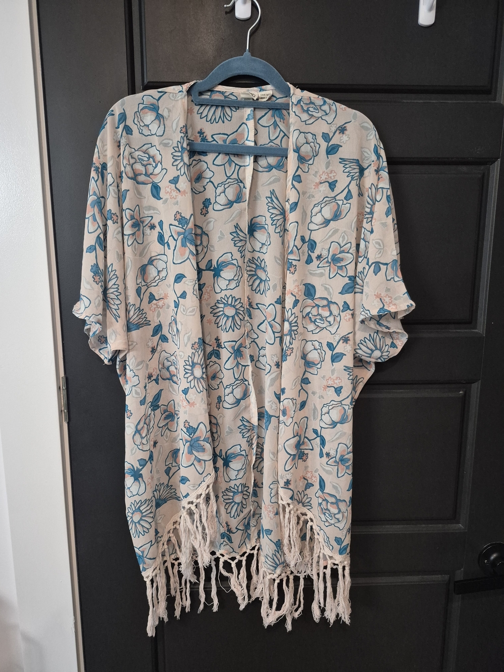Floral Fringe Kimono Wrap in Cream and Teal